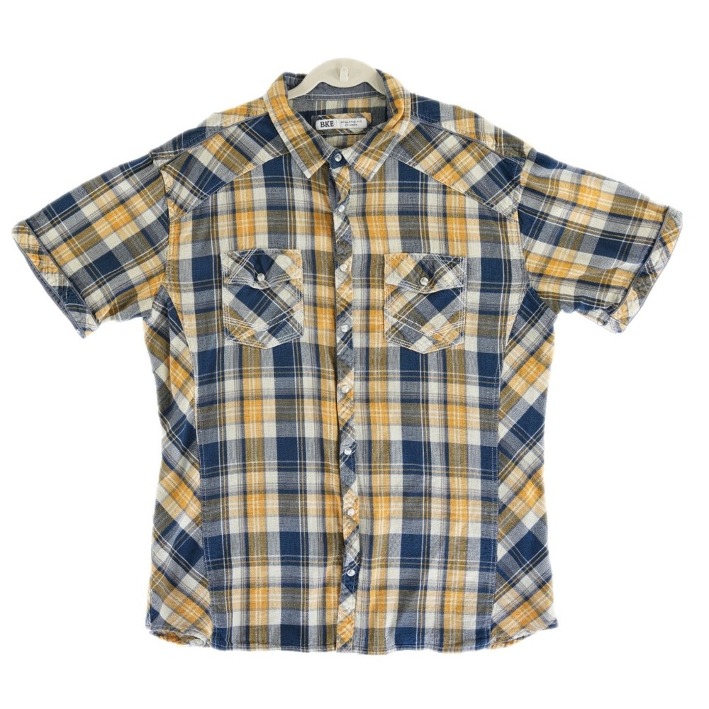 BKE Shirt Men's Size 2XL Athletic Fit‎ Yellow Blue Plaid Western Pearl Snap Top